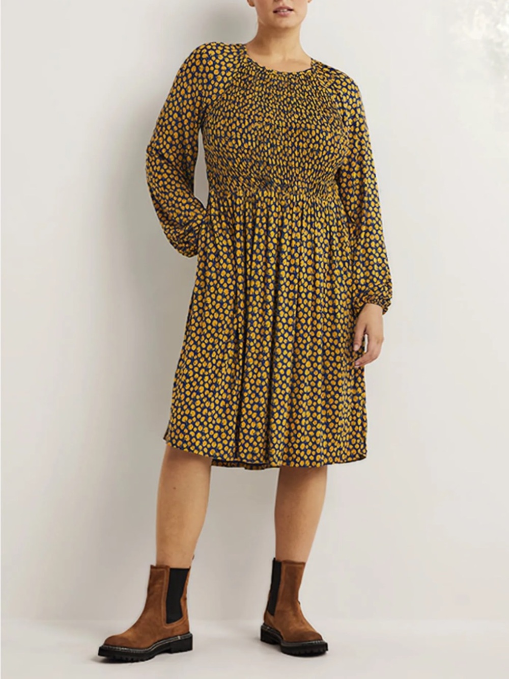 Boden Smocked Bodice Jersey Dress in Mustard Floral